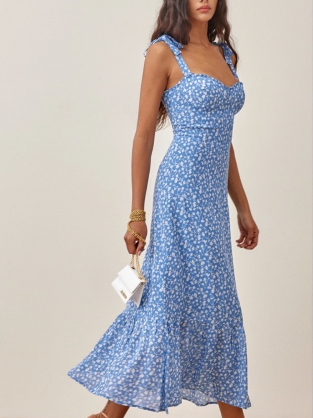 Reformation Blue Floral Tie-Shoulder Midi Dress - Picture 2 of 8
